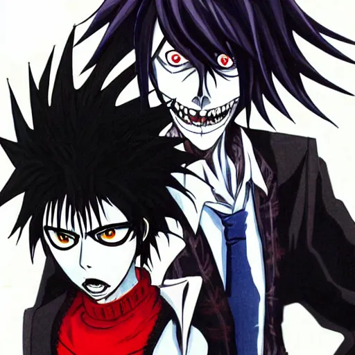 Image similar to ryuk and kira, death note, anime style, manga, concept art,