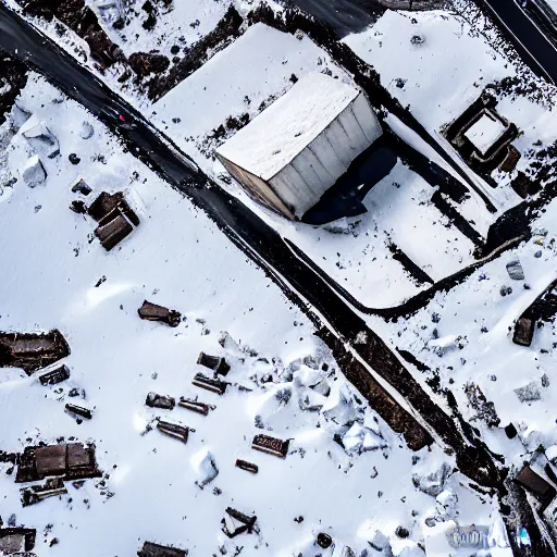 Image similar to abandoned mine and crates full of supplies buried in snow::2 snowy region on coast of Iceland, aerial drone perspective, top down view ::1 sattelite image of snow from 250 meters height, some coal boxes and barrels are covered in snow, old mine remains :: 1 post apocalyptic, snowstorm ::5