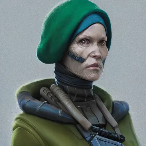 Image similar to portrait of a woman by greg rutkowski, female twi'lek, green skin, wool cap, star wars expanded universe, she is about 6 0 years old, wearing uniform of the galactic alliance navy, highly detailed portrait, digital painting, artstation, concept art, smooth, sharp foccus ilustration, artstation hq