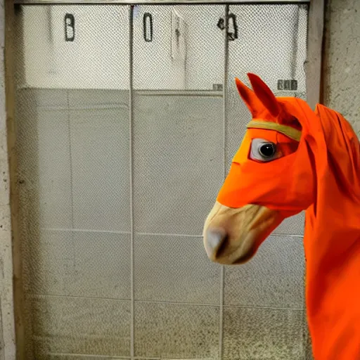 Image similar to horse with orange inmate clothes, in a jail