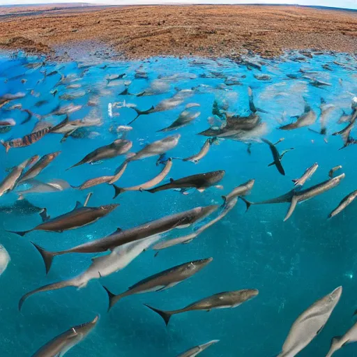 Image similar to wide view of a sea full of sharks