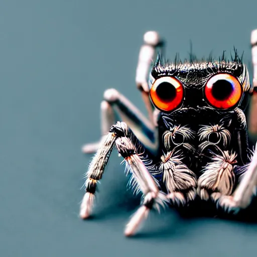 Image similar to a jumping spider using a shrunk computer keyboard, by pixar, macro lens, iridescent, style plate