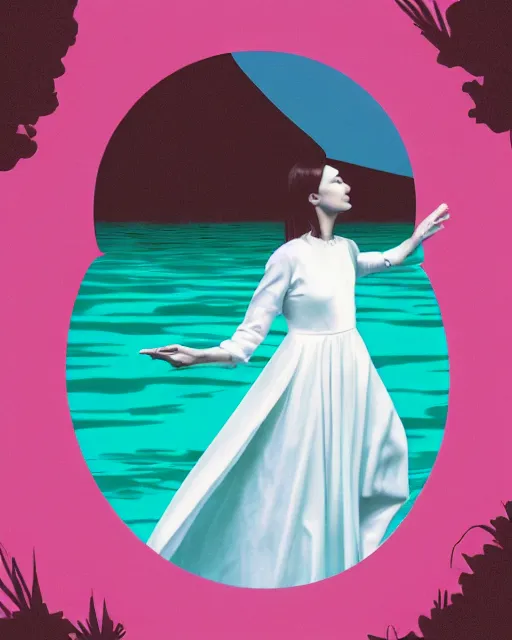 Image similar to a woman in a white dress standing in the water, an album cover by stanley twardowicz, trending on cg society, retrofuturism, retrowave, chillwave, synthwave