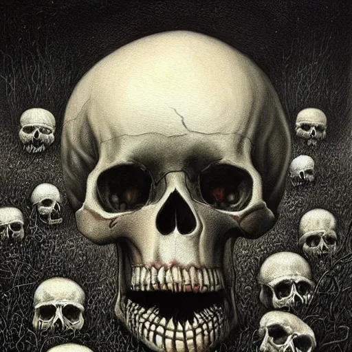 Image similar to a hyperrealistic painting of a psychedelic nightmare landscape, skulls, bones, by anton semenov and santiago caruso, highly detailed, vivid color,