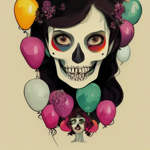 Prompt: a portrait of a girl skull face, balloons, in the style of mucha, charlie bowater, atey ghailan and mike mignola, vibrant colors and hard shadows and strong rim light, plain background, comic cover art, trending on artstation