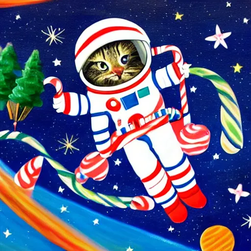 Image similar to painting of astronaut cat in space, candy canes in space, candy cane asteroid belt, candy canes flying in space, cat in astronaut suit in space