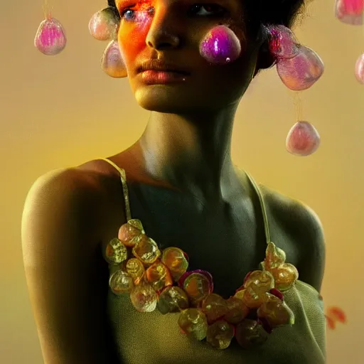 Prompt: a close - up shot of a brown woman wearing a luminous armor made of neon jelly fishes. extremely soft lighting. fragile. peach background. haunting eyes!! coherent face!! no makeup!! muted colors. by ray caesar. by louise dahl - wolfe. by andrea kowch. surreal photography