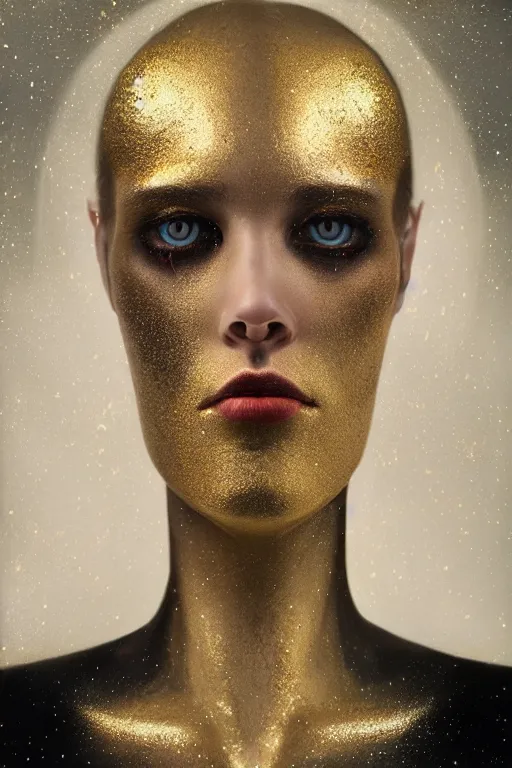 Prompt: a stunning ultra realistic fine art painting of a calm cyborg with gold paint dripping from its face by tom bagshaw, studio portrait, 50mm lens, 4K