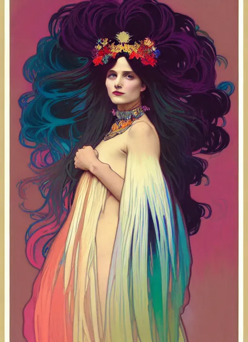 Image similar to ombre velvet gown, feathers, vivid colors, alphonse mucha, brom, lovely dark autumn princess, portrait, long hair, tiara, jeweled choker, by greg rutkowski, anato finnstark, global illumination, radiant light