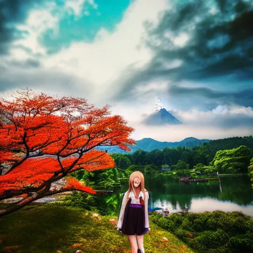 Image similar to a beautiful photograph of a girl with japan landscape in the background with trees, hdr, 8 k, high quality, sharp focus, artstation, highly detailed, award - winning, dramatic lighting, beautiful clouds, and nature