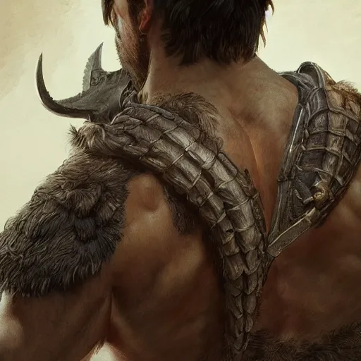 Prompt: back portrait of a rugged ranger, hairy, D&D, muscular, fantasy, intricate, elegant, highly detailed, digital painting, artstation, concept art, matte, sharp focus, illustration, art by Artgerm and Greg Rutkowski and Alphonse Mucha