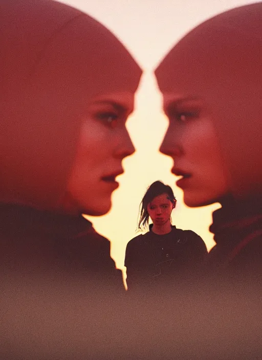 Image similar to cinestill 5 0 d photographic portrait of two loving female androids wearing rugged black techwear on a desolate plain with a red sky, extreme closeup, lizard on ground, cyberpunk style, in front of a brutalist dark metal facility, dust storm, 3 5 mm, 8 k, hd, f / 3 2, high resolution, ultra realistic faces