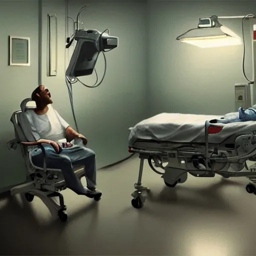 Image similar to epic masterpiece of cinematographic hyperrealism where a robot appears attending to a patient in the hospital. realistic shaded lighting poster by craig mallismo, artgerm, jeremy lipkin and michael garmash, unreal engine, radiant light, detailed and intricate environment, digital art, art station trends