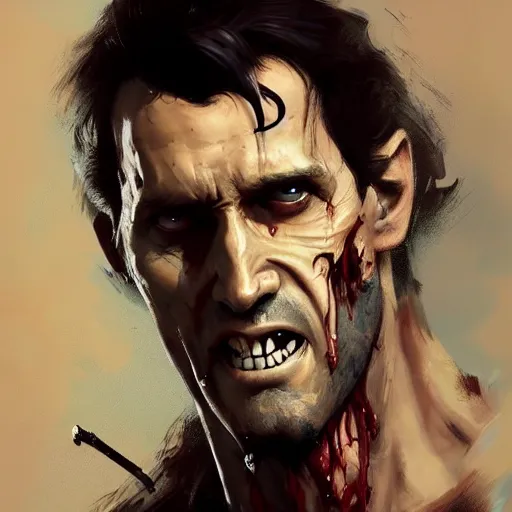 Image similar to A portrait of Ash Williams, zombie, art by greg rutkowski, matte painting, trending on artstation