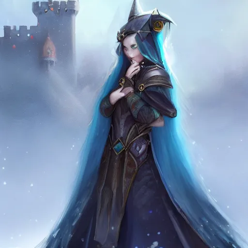 Prompt: whimsical grumpy girl, portrait, ice magic, dark hair, waist high, fantasy clothing, cgsociety, trending on artstation, dnd, castle background