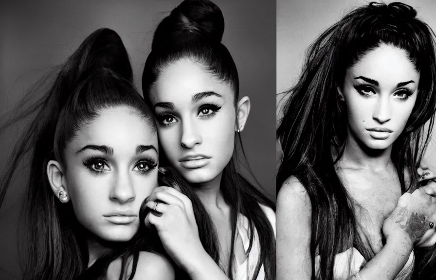 Image similar to award winning photo of Ariana Grande together with Megan Fox, symmetrical face by Sally Mann & Arnold Newman