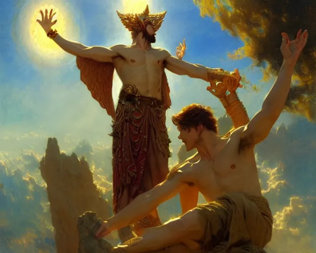 Image similar to attractive pagan male deity, summoning handsome lucifer morning star. highly detailed painting by gaston bussiere, craig mullins, j. c. leyendecker 8 k