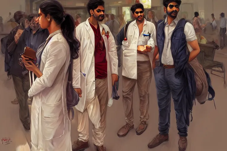 Image similar to Depressed good looking pale young Indian doctors wearing American clothes chatting at the airport, portrait, elegant, intricate, digital painting, artstation, concept art, smooth, sharp focus, illustration, art by artgerm and greg rutkowski and alphonse mucha