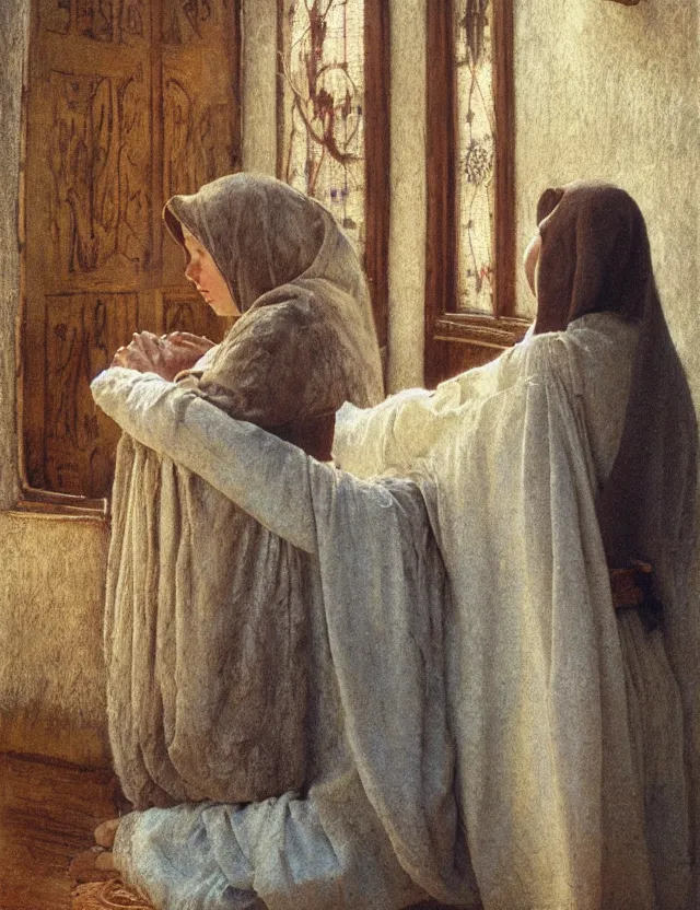 Prompt: peasant woman praying in a curch, cottage core, cinematic focus, polaroid photo bleached vintage pastel colors high - key lighting, soft lights, foggy, by steve hanks, by lisa yuskavage, by serov valentin, by tarkovsky, detailed, oil on canvas