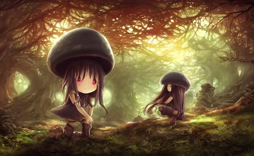Prompt: cute little girl with an long black hair wearing an mushroom hat in the dark forest next to a sinister monster, cute artwork, clean detailed art, inspired by made in abyss, detailed background, fantastic world