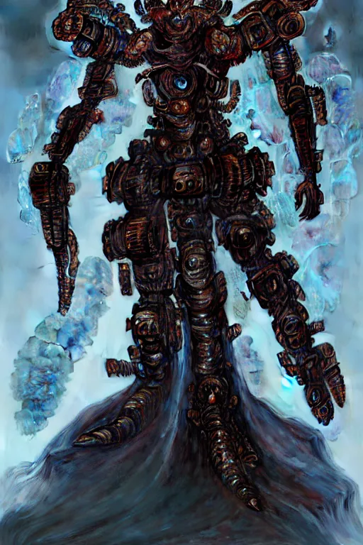 Prompt: asura from chinese myth, ghost, luxurious armor mixed with leather and metal, dystopian, cyberpunk, organic fractal mycelum and fungi, mecha, halfturn portrait of a big crystal face made of crystals half - turn, ominous, intricate, studio, art by anthony macbain + greg rutkowski + alphonse mucha, concept art, 4 k, sharp focus