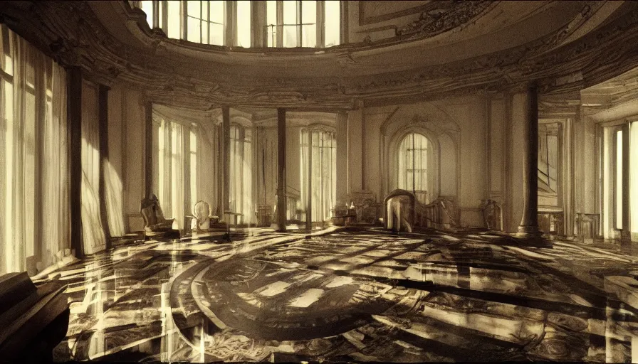 Image similar to 1 9 7 0 s movie still by andrei tarkovsky of a noneuclidian palace with a lake in the middle, by piranesi, panoramic, ultra wide lens, cinematic light, flare, anamorphic