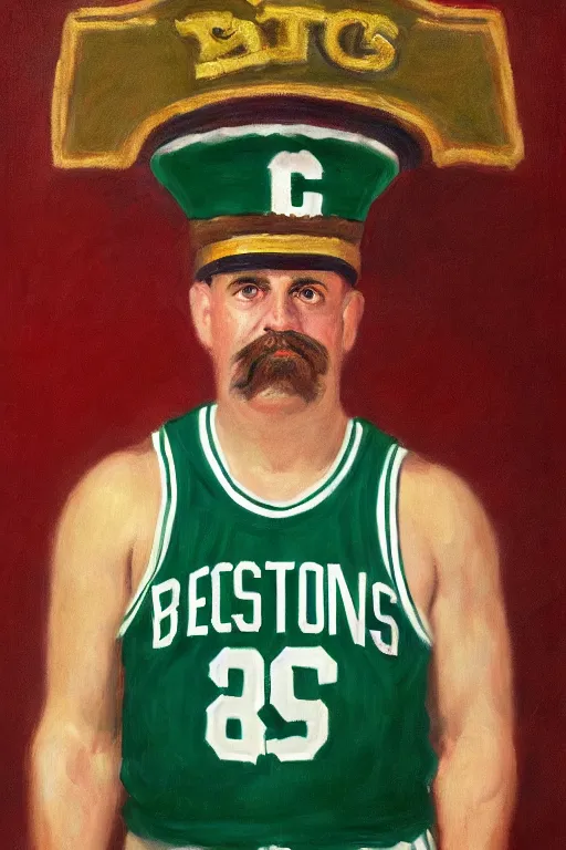 Image similar to full body portrait of the dictator of the boston celtics, 1 9 5 5, in full military garb, oil on canvas by william sidney mount, trending on artstation