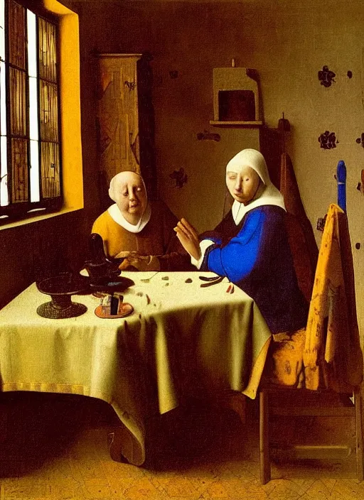 Image similar to Young man at the table with young pretty blonde girl at the crowded inn. Medieval painting by Jan van Eyck, Johannes Vermeer, Florence