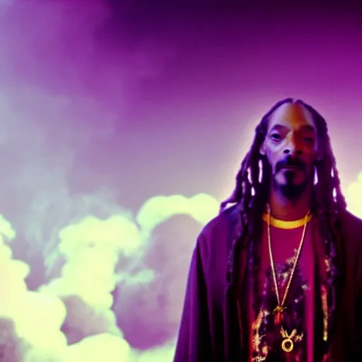 Image similar to snoop dogg as gandalf the white, exhaling a huge cloud of magical purple smoke in the synthwave shire, Japanese CGI, VFX, 2003, 40mm lens, shallow depth of field, film photography, volumetric lighting