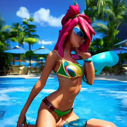 Image similar to pool party Akali catching the Hawaiian sun (League of Legends). 3d render, octane render, iRay, ray tracing, realistic, highly detailed, trending on artstation, 4k, cgsociety, unreal engine 5, redshift render, blender cycles, behance, cg