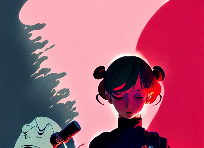 Image similar to editorial illustration by Karolis Strautniekas and Mads Berg, colorful, anime vampire princess miyu, katsuhiro otomo, manga, Ilya kuvshinov,fine texture, fine details, matte colors, film noir, dramatic lighting, dynamic composition, moody, vivid, volumetric