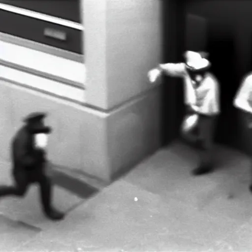 Prompt: cctv footage of four robbers at a bank wearing clown masks, film grain, 4k, hd