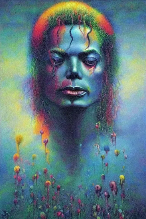 Image similar to portrait of michael jackson colourful shiny beautiful harmony painting by zdzisław beksinski