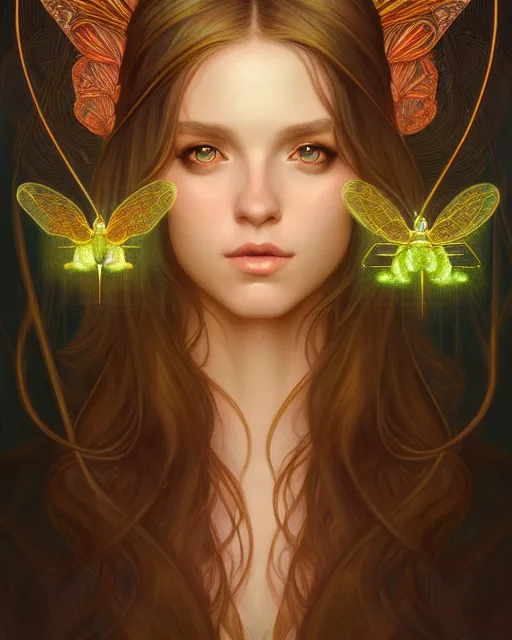 Image similar to symmetry portrait of welsh brunette princess, glam, fireflies, forest background, intricate, elegant, highly detailed, digital painting, artstation, concept art, smooth, sharp focus, illustration, art by artgerm and greg rutkowski and fra angelico and alphons mucha