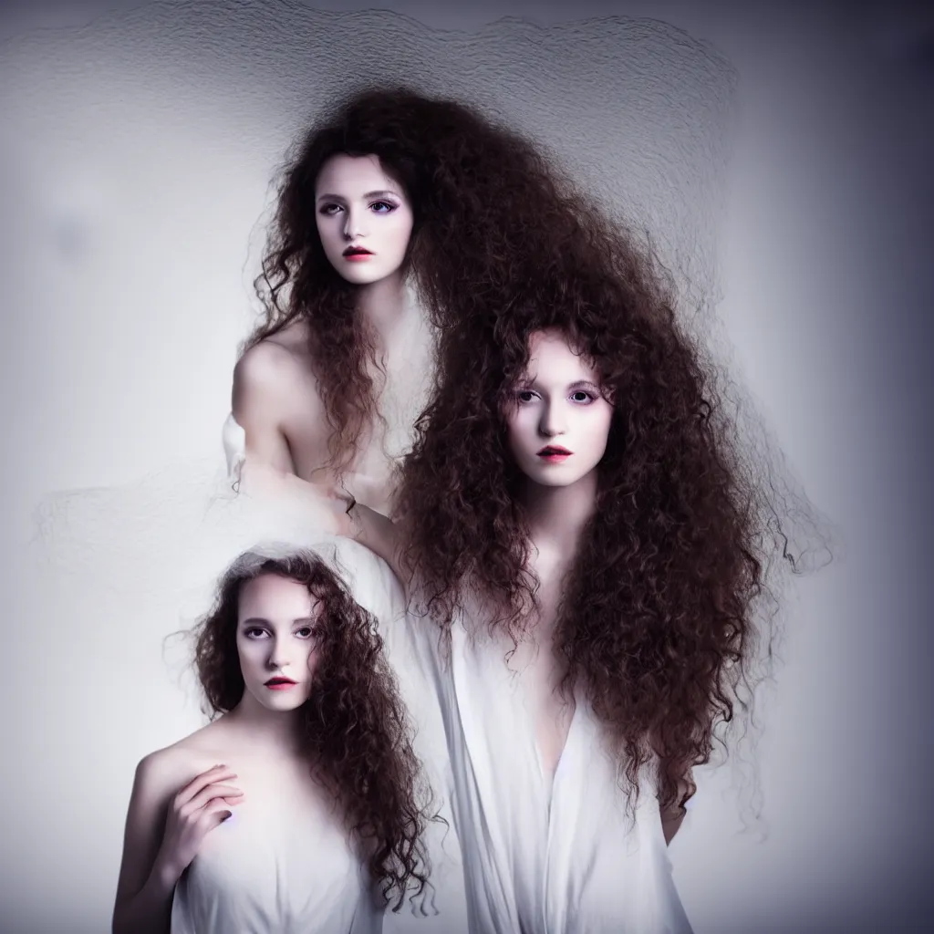 Prompt: a young woman with long curly hair, dressed in long white, light painting in style of Paolo Roversi, professional studio lighting, dark background, hyper realistic photography, fashion magazine style