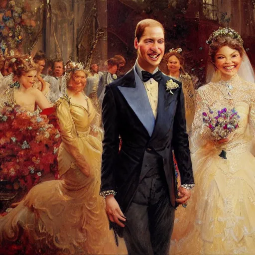 Image similar to detailed painting of prince william marrying attractive gigi hadid, highly detailed painting by gaston bussiere, craig mullins, j. c. leyendecker 8 k, 4 k, smiling couple, royal painting, human face, watercolor, realistic human