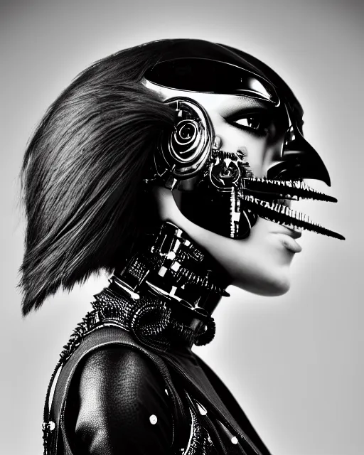 Image similar to a profile portrait, a stunning young woman - crow - cyborg, editorial photography, bw, shot on 7 0 mm, depth of field, f / 2. 8, high contrast, 1 6 k, volumetric lighting, shiny, insanely detailed and intricate, hypermaximalist, elegant, ornate, hyper realistic, super detailed