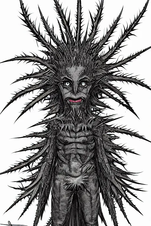 Image similar to thistle monster humanoid figure, symmetrical, highly detailed, digital art, needles, thorns, sharp focus, trending on art station, kentaro miura manga art style