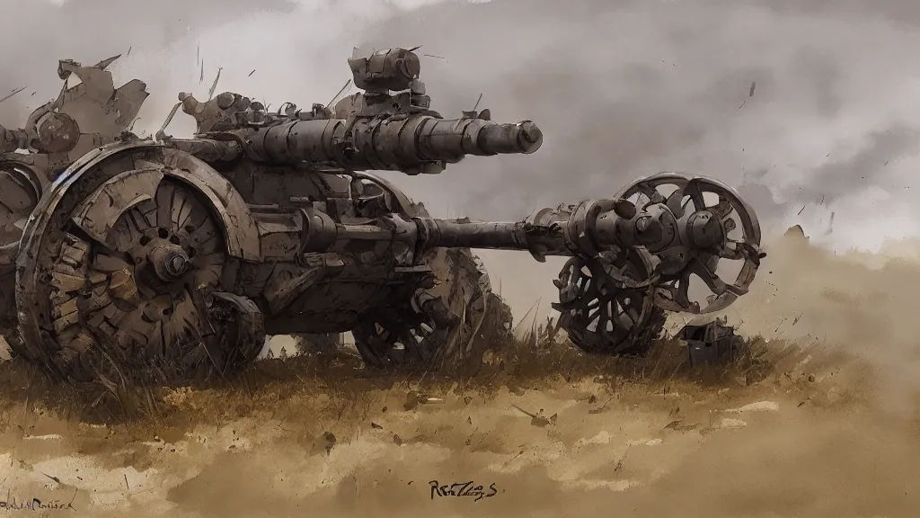 Image similar to realistic looking howitzer cannon, watercolored, jakub rozalski, dark colours, dieselpunk, artstation