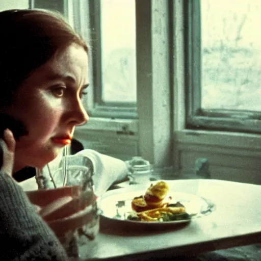 Prompt: 4 k remaster extremely detailed cinematic movie still from soviet movie a soviet woman sitting at a table next to the window with food, dark warm light, a character portrait by margarita terekhova, movie stalker solaris film still by andrei tarkovsky, 8 k, close - up bokeh, gelios lens, color, noir