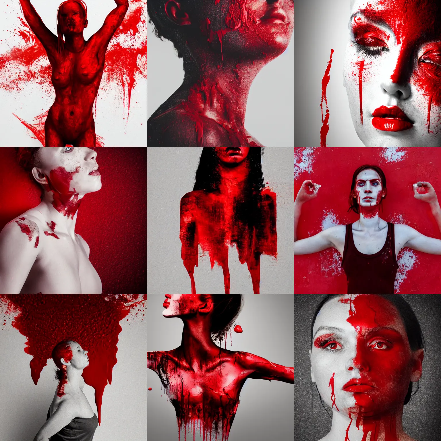 Prompt: < dripping red paint across the shape of a female human, heroic pose,realistic , high detail, on a white background
