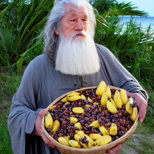 Prompt: gandalf covered in raisins and sliced bananas on the beach