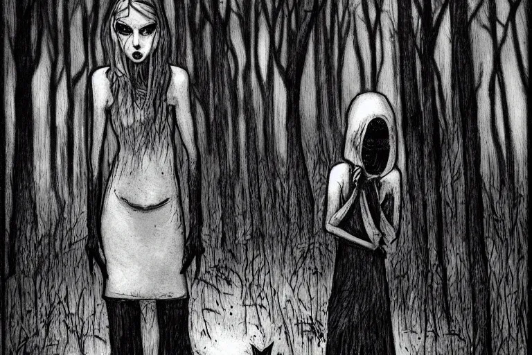 Prompt: mad girl wandering the woods hand in hand with shadow figure artwork by ben templesmith