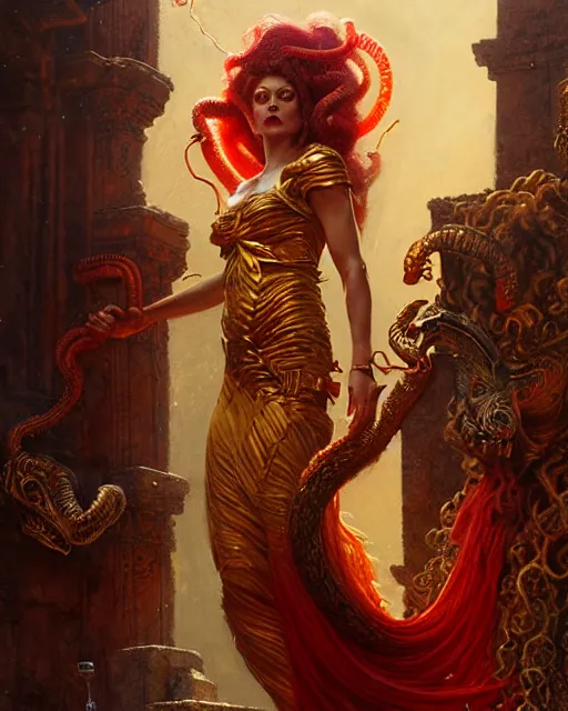 Prompt: fierce medusa in an epic red and golden dress standing in an old temple yard, fantasy character portrait, ultra realistic, concept art, intricate details, highly detailed by greg rutkowski, gaston bussiere, craig mullins, simon bisley