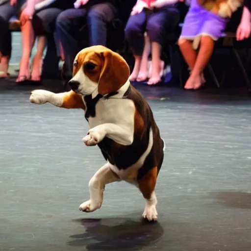 Image similar to a beagle dancing on its hind legs on stage in front of an audience