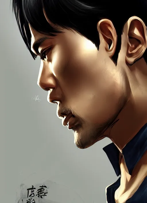 Image similar to a highly detailed illustration of fierce short black haired young asian man wearing polo shirt, dramatic thinking pose, lean, intricate, elegant, highly detailed, centered, digital painting, artstation, concept art, smooth, sharp focus, league of legends concept art, WLOP