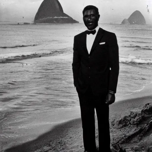 Image similar to vintage photo of a black man wearing a black suit in front of rio de janeiro