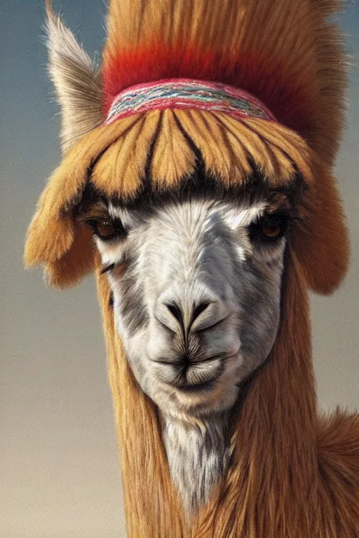 Image similar to hyperrealism close-up portrait llama in War bonnet in style of da Vinci