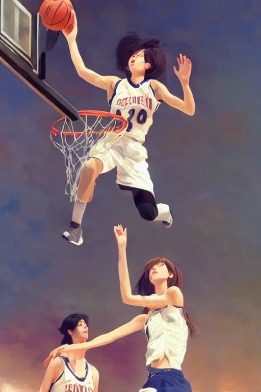 Image similar to A ultradetailed beautiful panting of a stylish girl dunking a basketball, Oil painting, by Ilya Kuvshinov, Greg Rutkowski and Makoto Shinkai