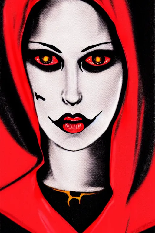 Image similar to portrait, digital painting, an evil nun, black habit, realistic, hyperdetailed, spooky, chiaroscuro, red rim lighting, black background, concept art, art by roy lichtenstein